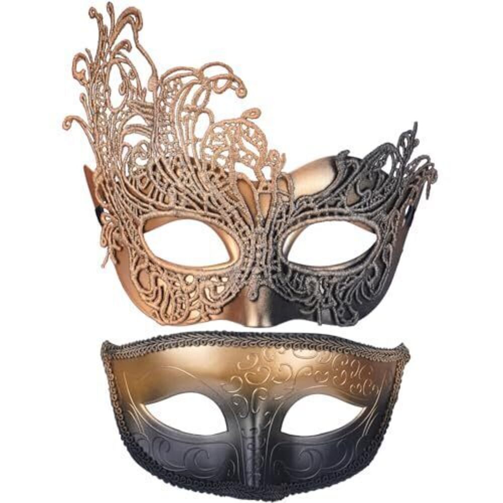 5410 Couple Masquerade Masks Set - 2 Pcs Black Gold Halloween Mask Man